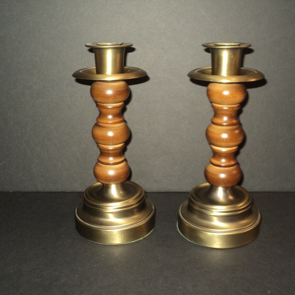 Taper Candle Holders Brass & Wood 9 1/4" Set of 2 Vintage Homco Home Interiors